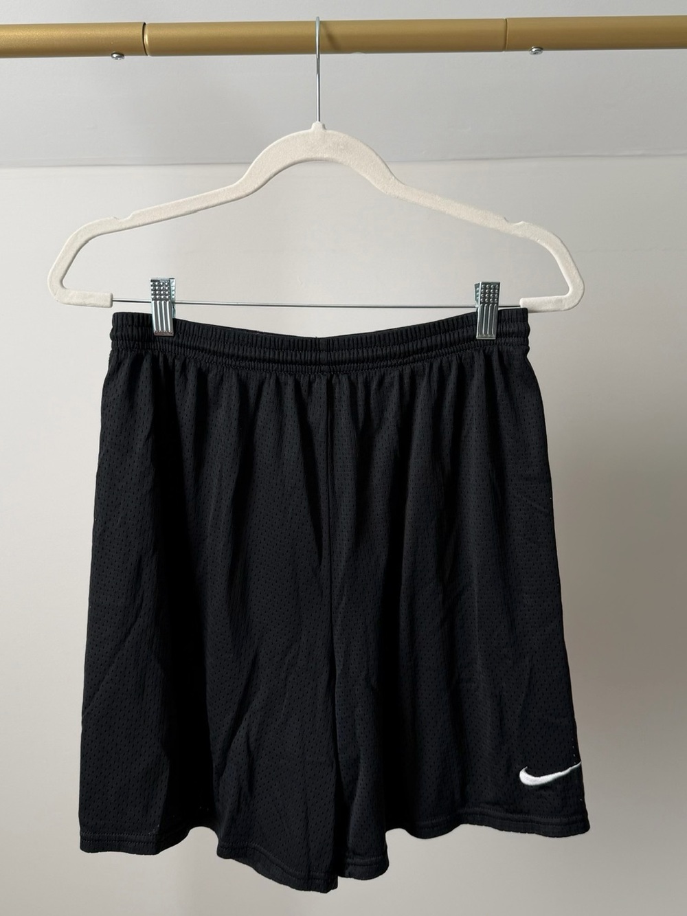 Nike Black Mesh Athletic Shorts with White Swoosh Sz M